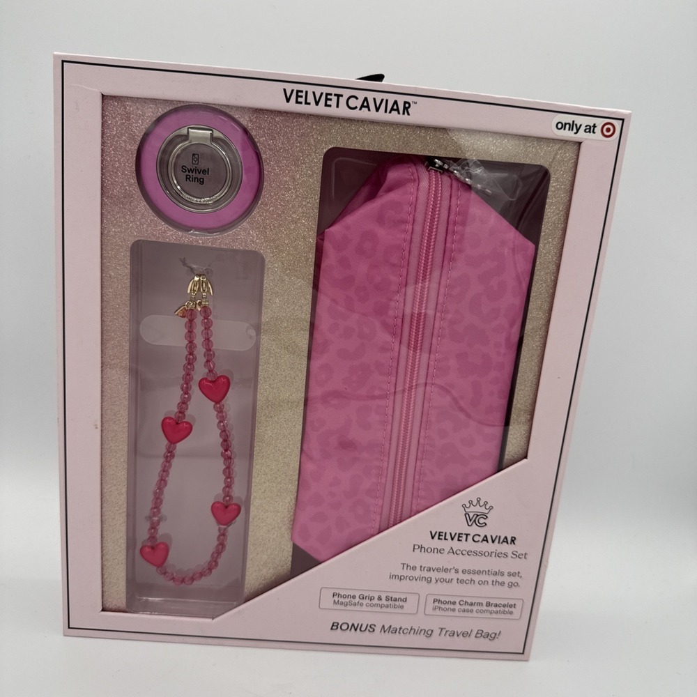 VELVET CAVIAR Phone Accessories Set Hot Pink Leopard Phone Grip Stand Travel Bag